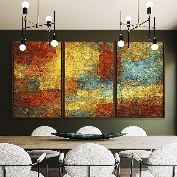 Trio de Quadros Abstrato Textura Amarelo Laranja Turquesa Canvas Moldura