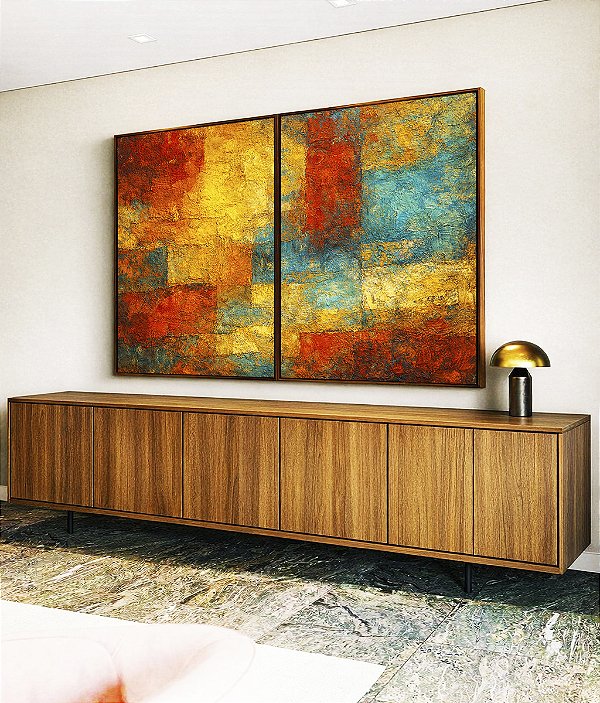 Duo de Quadros Abstrato Textura Amarelo Laranja Turquesa Canvas Moldura