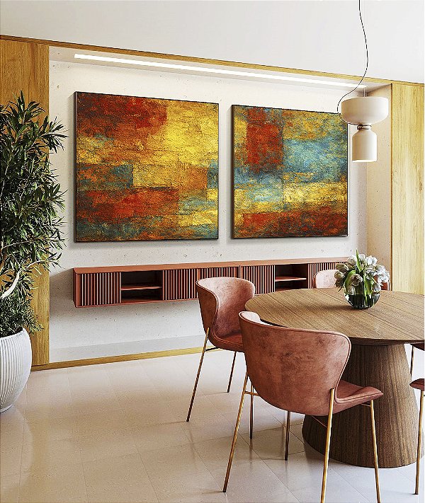 Duo de Quadros Quadrados Abstrato Textura Amarelo Laranja Turquesa Canvas Moldura