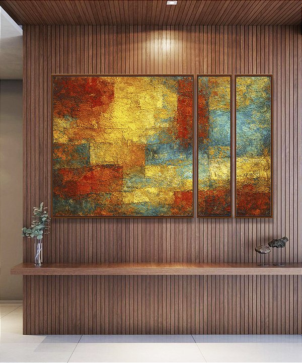 Trio de Quadros Estilizados Abstrato Textura Amarelo Laranja Turquesa Canvas Moldura