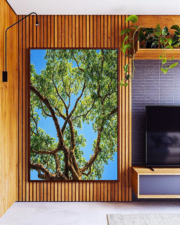 Quadro Vertical Copa de Árvore Folhas Verdes Céu Azul Vivo Natureza Canvas Moldura