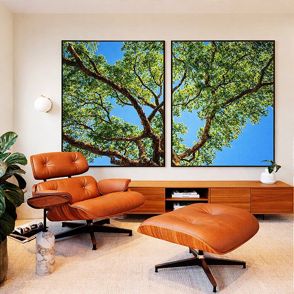 Duo de Quadros Copa de Árvore Folhas Verdes Céu Azul Vivo Natureza Canvas Moldura