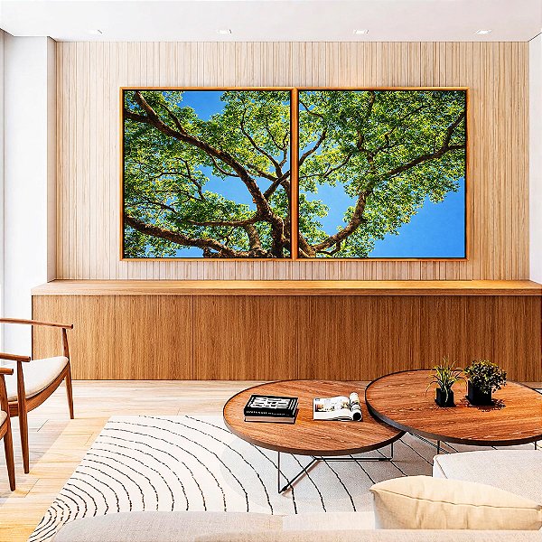 Duo de Quadros Quadrados Copa de Árvore Folhas Verdes Céu Azul Vivo Natureza Canvas Moldura