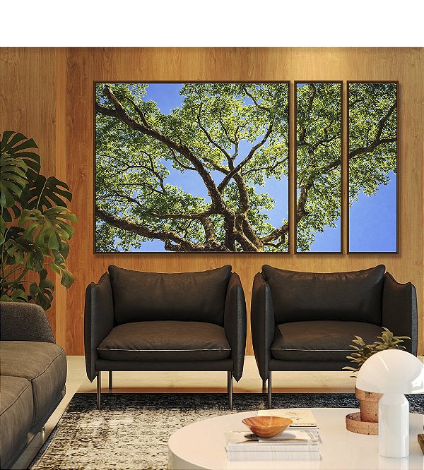 Trio de Quadros Estilizados Copa de Árvore Folhas Verdes Céu Azul Vivo Natureza Canvas Moldura