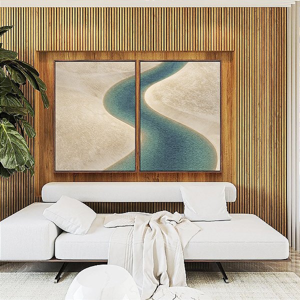 Duo de Quadros Água Turquesa Praia Dunas Areia Branca Canvas Moldura