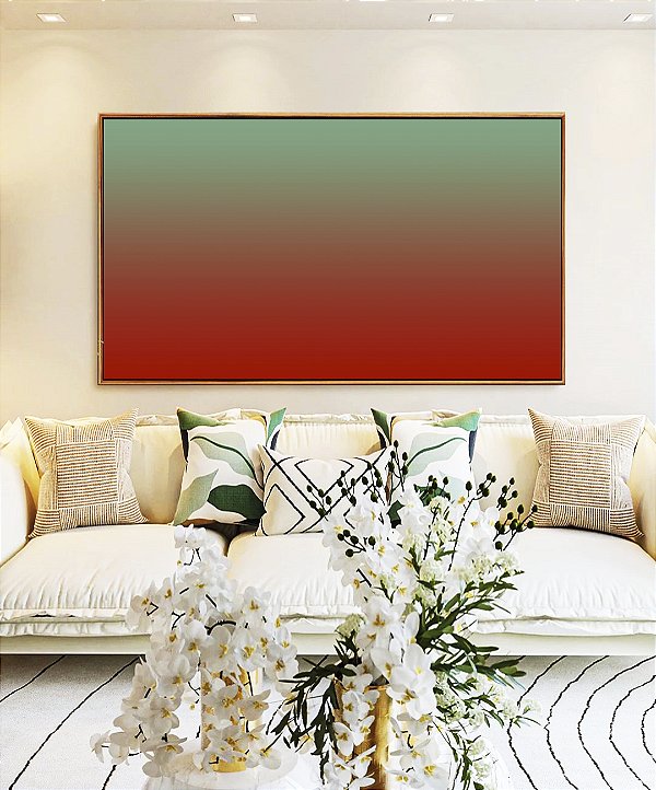 Quadro Horizontal Abstrato Degradê Verde Turquesa Vermelho Tijolo Canvas Moldura