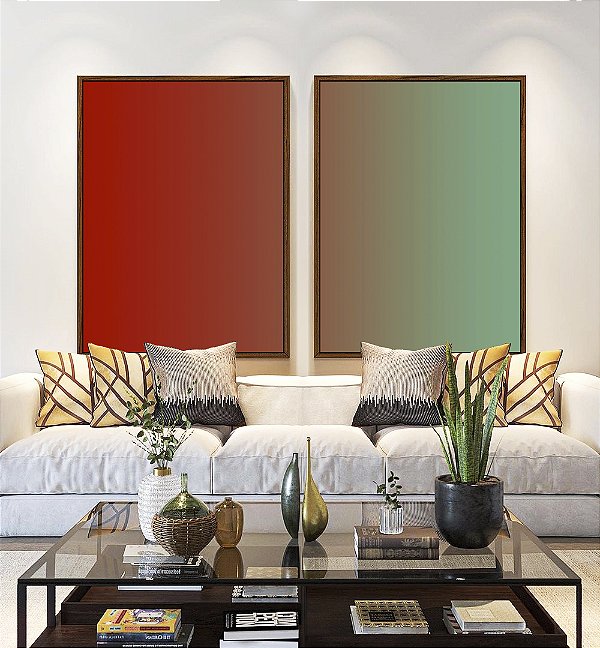 Duo de Quadros Abstrato Degradê Verde Turquesa Vermelho Tijolo Canvas Moldura