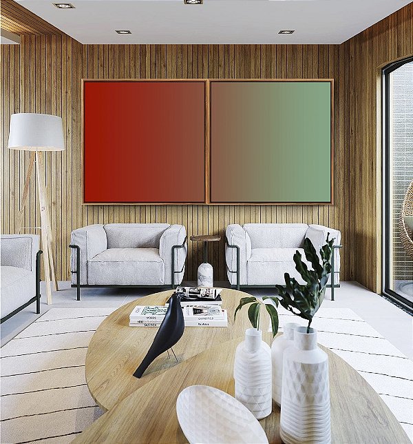 Duo de Quadros Quadrados Abstrato Degradê Verde Turquesa Vermelho Tijolo Canvas Moldura