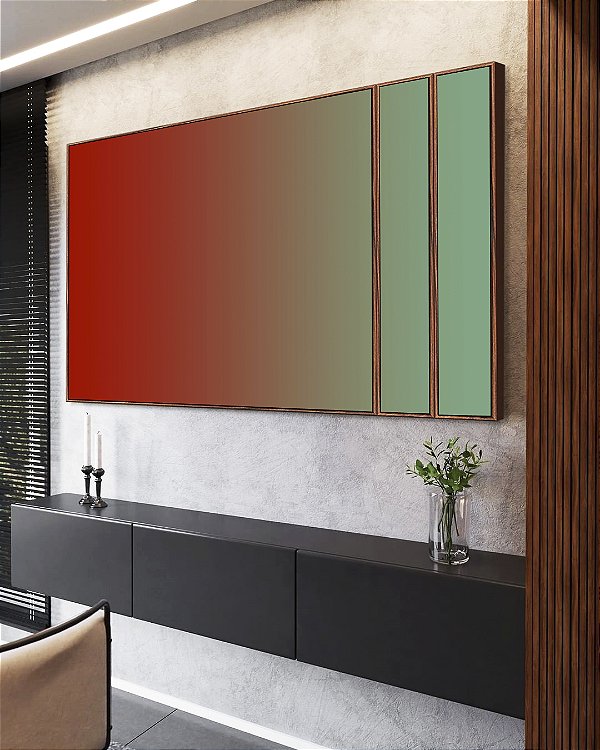Trio de Quadros Estilizados Abstrato Degradê Verde Turquesa Vermelho Tijolo Canvas Moldura