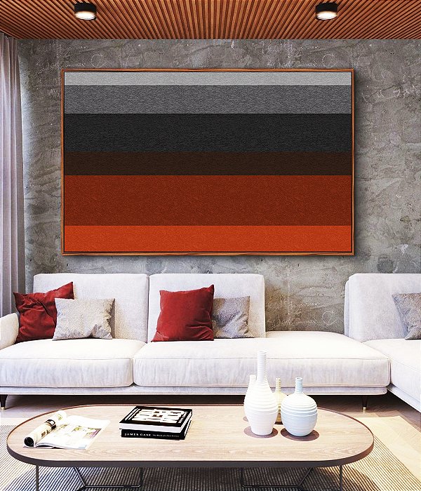 Quadro Horizontal Abstrato Listras Cinza Laranja Textura Canvas Moldura