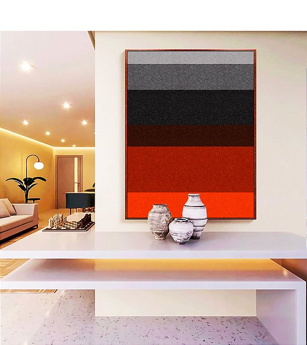 Quadro Vertical Abstrato Listras Cinza Laranja Textura Canvas Moldura