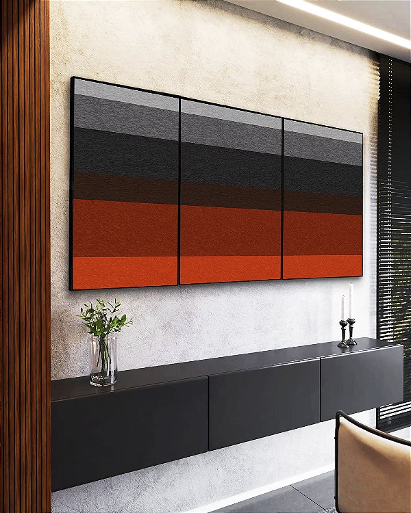 Trio de Quadros Abstrato Listras Cinza Laranja Textura Canvas Moldura