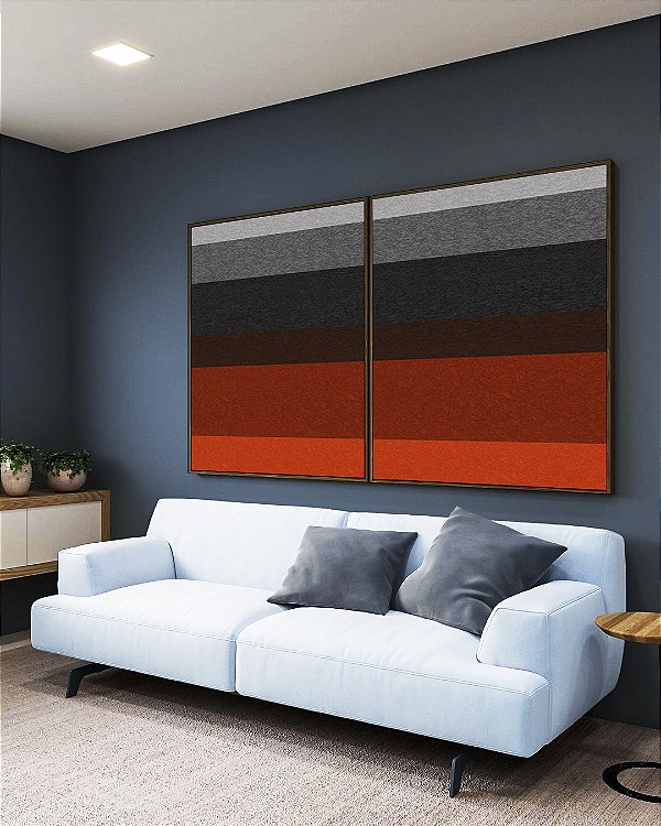 Duo de Quadros Abstrato Listras Cinza Laranja Textura Canvas Moldura
