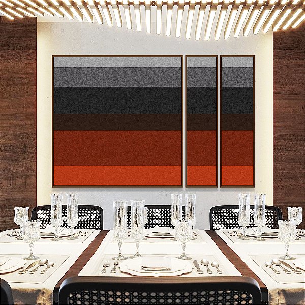 Trio de Quadros Estilizados Abstrato Listras Cinza Laranja Textura Canvas Moldura