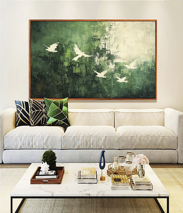 Quadro Horizontal Pássaros Voando Arte Abstrato Verde Branco Canvas Moldura