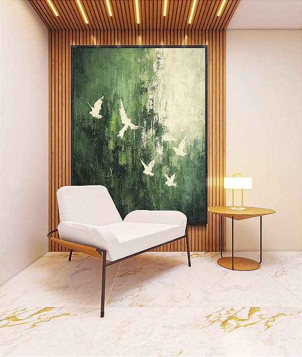 Quadro Vertical Pássaros Voando Arte Abstrato Verde Branco Canvas Moldura
