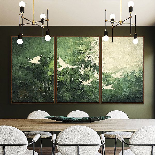 Trio de Quadros Pássaros Voando Arte Abstrato Verde Branco Canvas Moldura