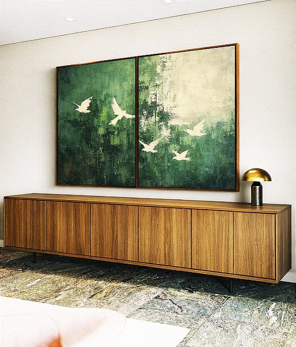 Duo de Quadros Pássaros Voando Arte Abstrato Verde Branco Canvas Moldura