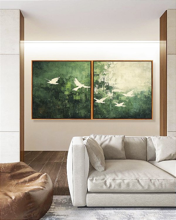 Duo de Quadros Quadrados Pássaros Voando Arte Abstrato Verde Branco Canvas Moldura