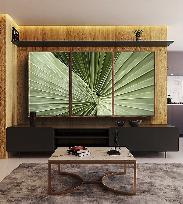 Trio de Quadros Folha Verde Textura Linhas Naturais Macro Minimalista Canvas Moldura