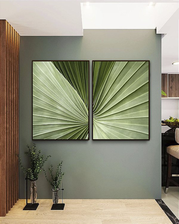Duo de Quadros Folha Verde Textura Linhas Naturais Macro Minimalista Canvas Moldura