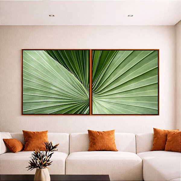 Duo de Quadros Quadrados Folha Verde Textura Linhas Naturais Macro Minimalista Canvas Moldura