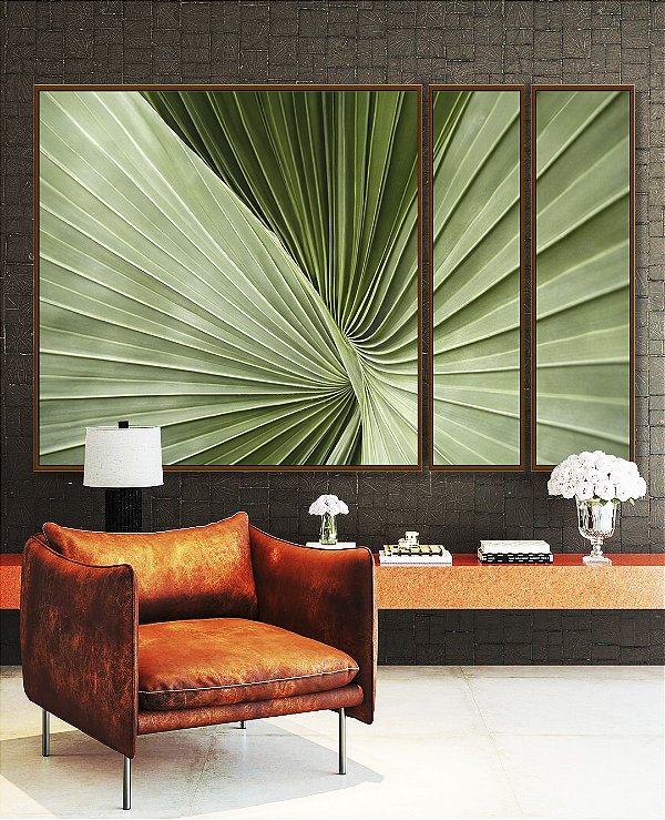 Trio de Quadros Estilizados Folha Verde Textura Linhas Naturais Macro Minimalista Canvas Moldura