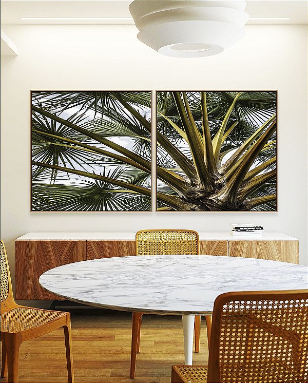 Duo de Quadros Quadrados Palmeira Folhagem Coqueiro Praia Litoral Tropical Natureza Canvas Moldura