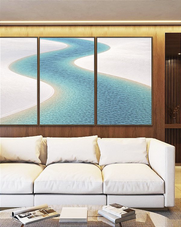 Trio de Quadros Praia Dunas Areia Branca Água Turquesa Canvas Moldura