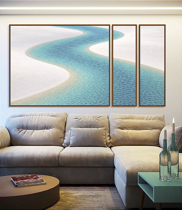 Trio de Quadros Estilizados Praia Dunas Areia Branca Água Turquesa Canvas Moldura