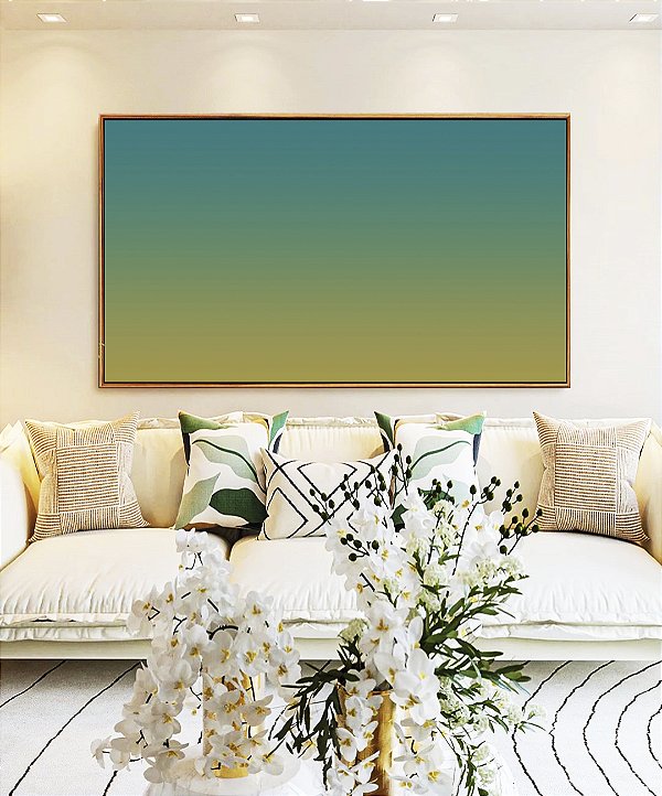 Quadro Horizontal Abstrato Degradê Verde Turquesa Azul Canvas Moldura