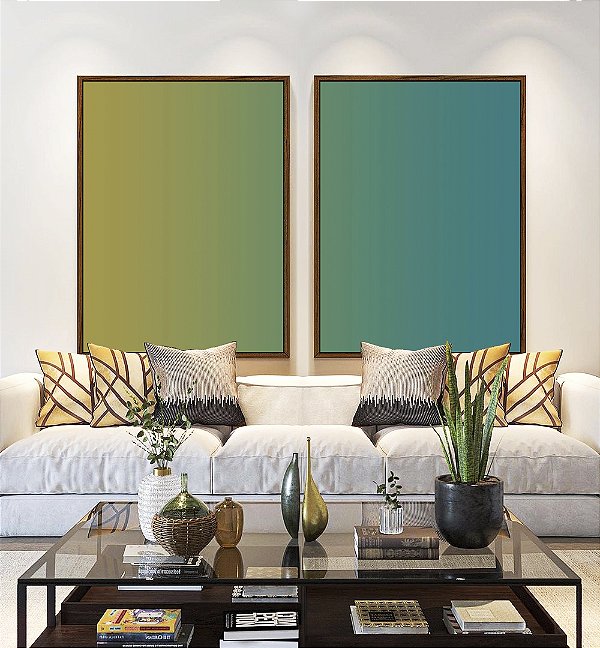 Duo de Quadros Abstrato Degradê Verde Turquesa Azul Canvas Moldura