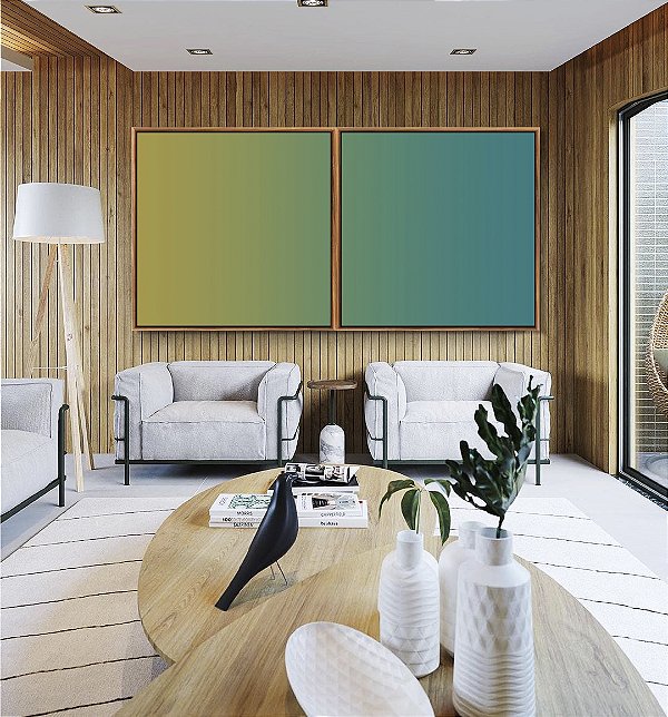 Duo de Quadros Quadrados Abstrato Degradê Verde Turquesa Azul Canvas Moldura
