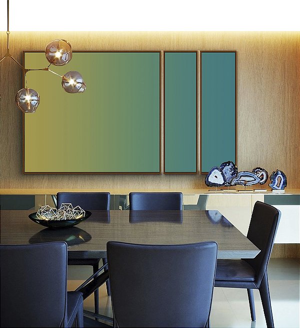 Trio de Quadros Estilizados Abstrato Degradê Verde Turquesa Azul Canvas Moldura