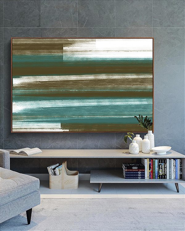 Quadro Horizontal Abstrato Tons de Verde Oliva Turquesa Branco Canvas Moldura