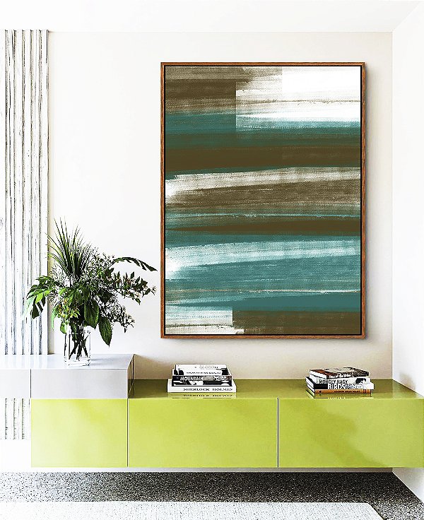 Quadro Vertical Abstrato Tons de Verde Oliva Turquesa Branco Canvas Moldura