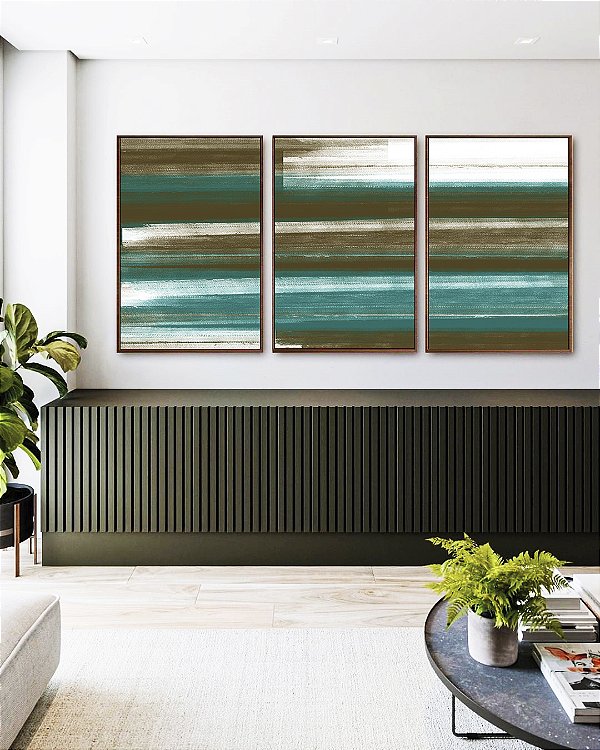 Trio de Quadros Abstrato Tons de Verde Oliva Turquesa Branco Canvas Moldura