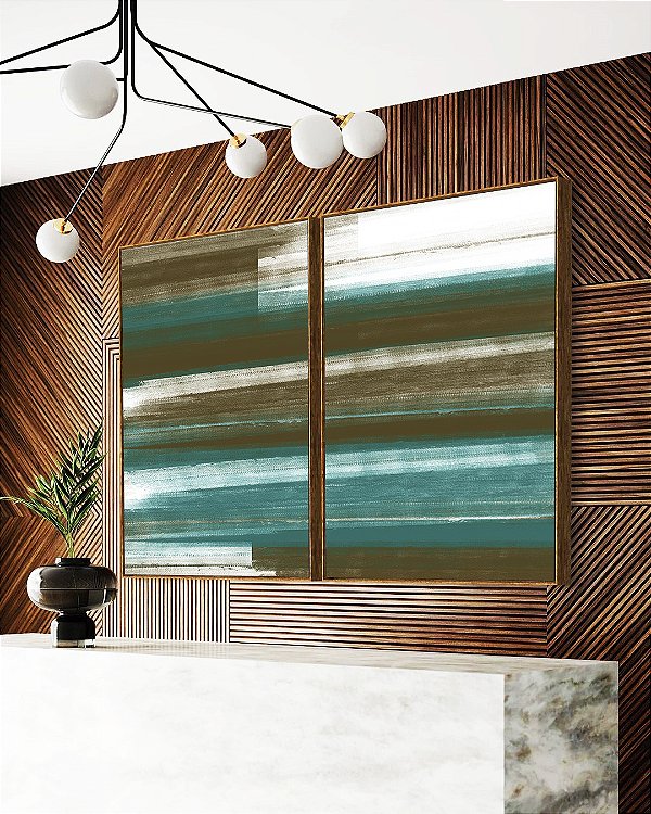Duo de Quadros Abstrato Tons de Verde Oliva Turquesa Branco Canvas Moldura