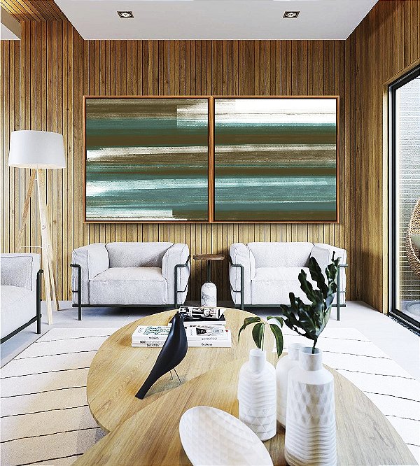 Duo de Quadros Quadrados Abstrato Tons de Verde Oliva Turquesa Branco Canvas Moldura