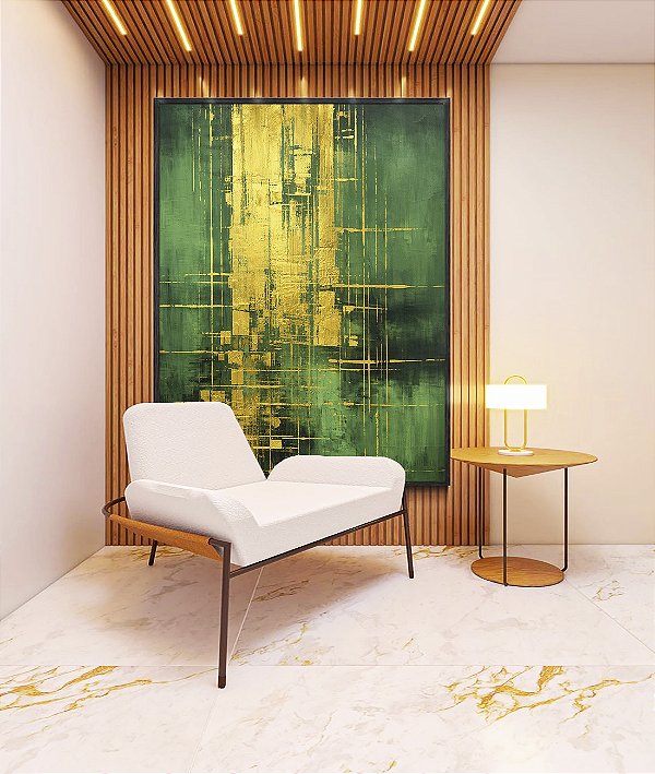 Quadro Vertical Abstrato Verde Escuro Dourado Efeito Pintura Canvas Moldura