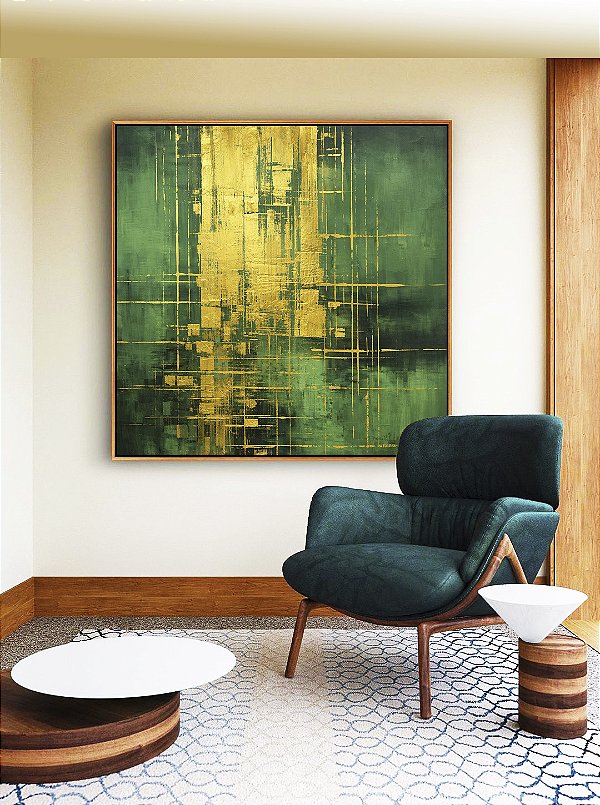 Quadro Quadrado Abstrato Verde Escuro Dourado Efeito Pintura Canvas Moldura