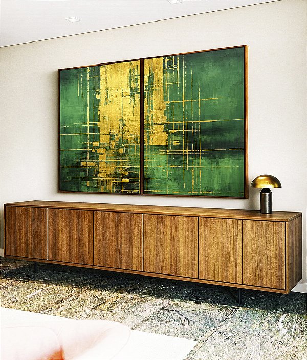 Duo de Quadros Abstrato Verde Escuro Dourado Efeito Pintura Canvas Moldura