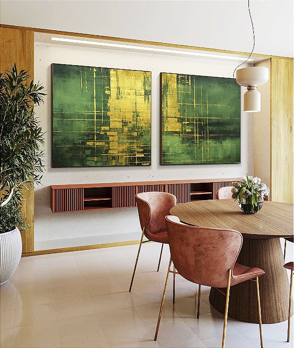Duo de Quadros Quadrados Abstrato Verde Escuro Dourado Efeito Pintura Canvas Moldura