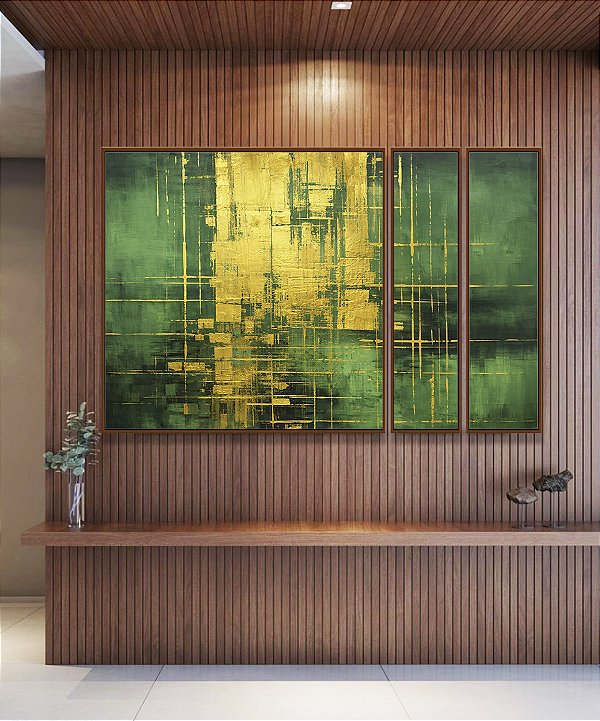 Trio de Quadros Estilizados Abstrato Verde Escuro Dourado Efeito Pintura Canvas Moldura
