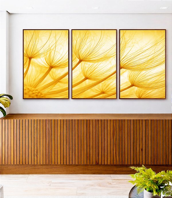 Trio de Quadros Dente de Leão Planta Flor Reflexos do Sol Natureza Paisagem Canvas Moldura