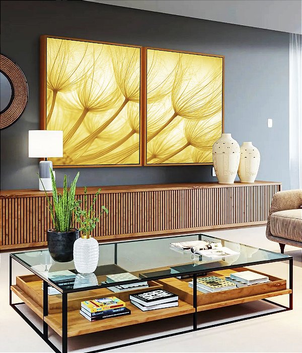 Duo de Quadros Dente de Leão Planta Flor Reflexos do Sol Natureza Paisagem Canvas Moldura