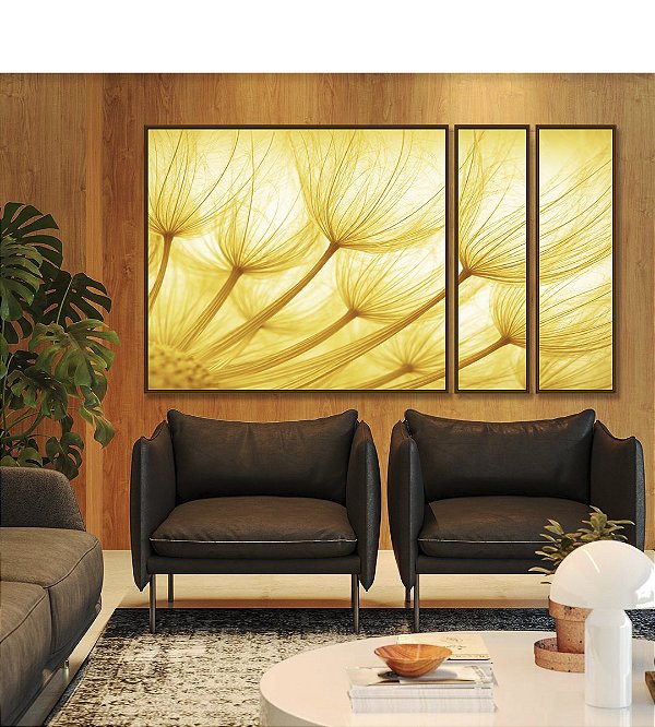Trio de Quadros Estilizados Dente de Leão Planta Flor Reflexos do Sol Natureza Paisagem Canvas Moldura