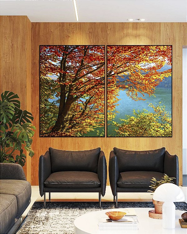 Duo de Quadros Árvore Folhas Vermelhas Mar Água Azul Turquesa Canvas Moldura