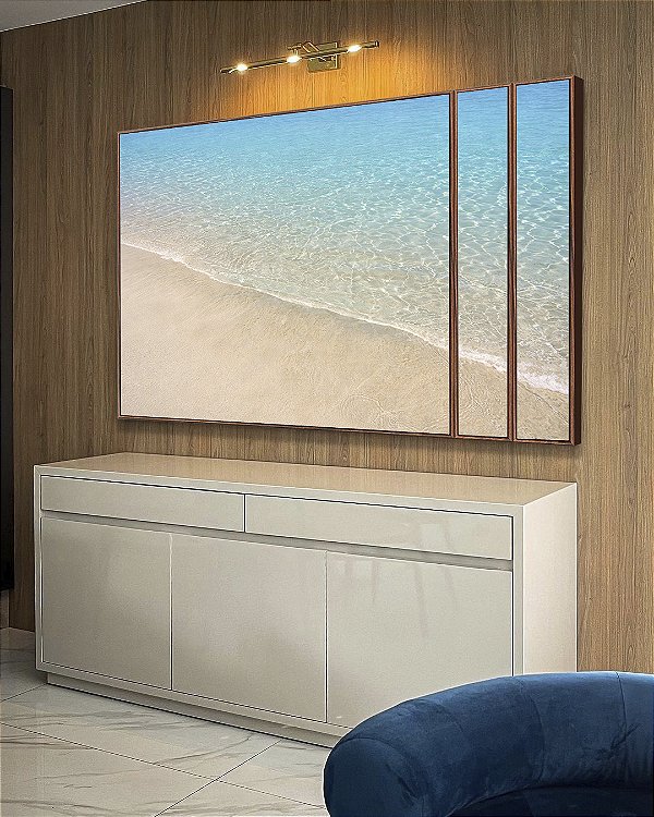 Trio de Quadros Estilizados Praia Tropical Água Cristalina Calmaria Mar Azul Canvas Moldura