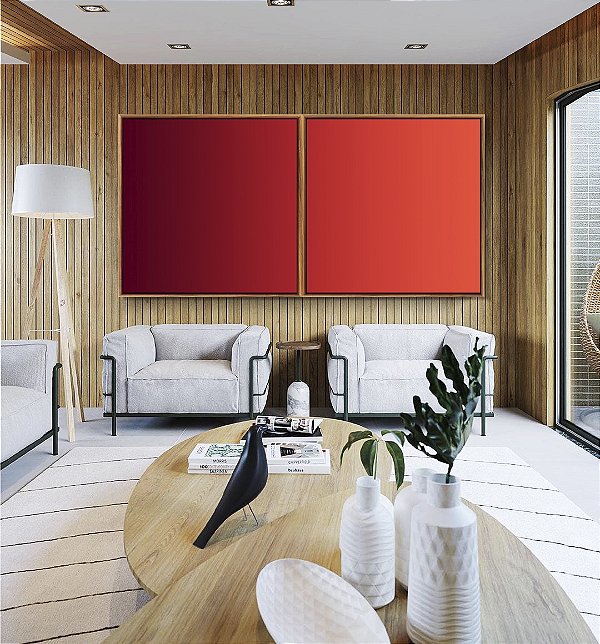 Duo de Quadros Quadrados Abstrato Degradê Vinho Vermelho Tijolo Canvas Moldura